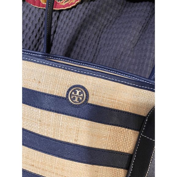 Tory Burch Raffia Navy Striped Straw Double Strap Tote Bag, Authentic - Picture 4 of 8